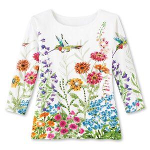 New XXL White Sparkling Sequin Floral Garden Hummingbird 3/4 Sleeves Knit Top